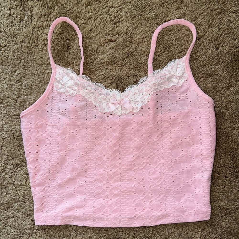 Baby Pink Eyelet Cami Top with White Lace & Pink Bow